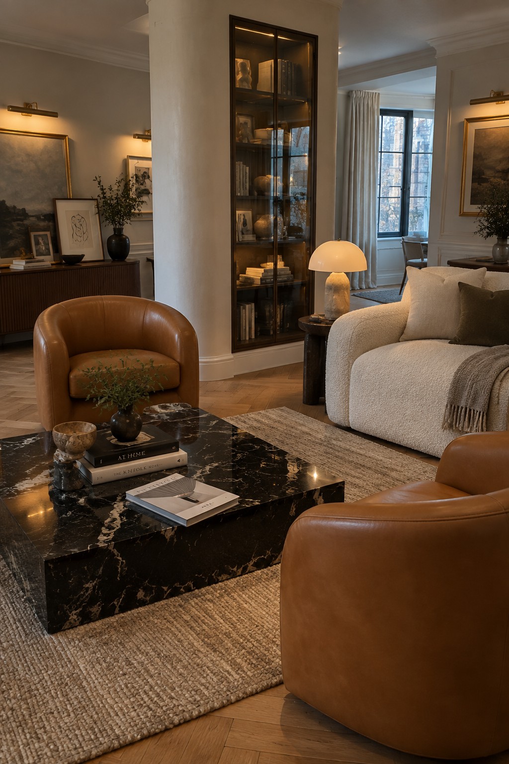 A living room with a tall illuminated glass display cabinet beside a white column, brown leather chairs, a white bouclé sofa, and a black marble coffee table on layered rugs.