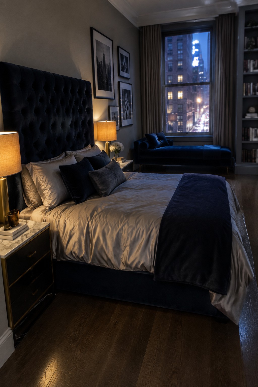 Luxurious bedroom with navy velvet headboard, white linens, lit lamp, and glowing city window.