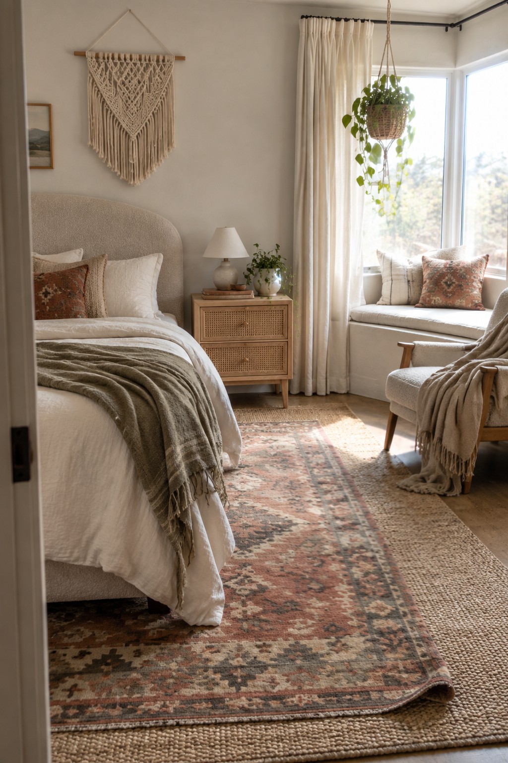 A bedroom with a large rounded beige upholstered headboard on a bed with white linens and a green throw blanket, a wooden nightstand, a patterned rug, and a window seat with pillows.