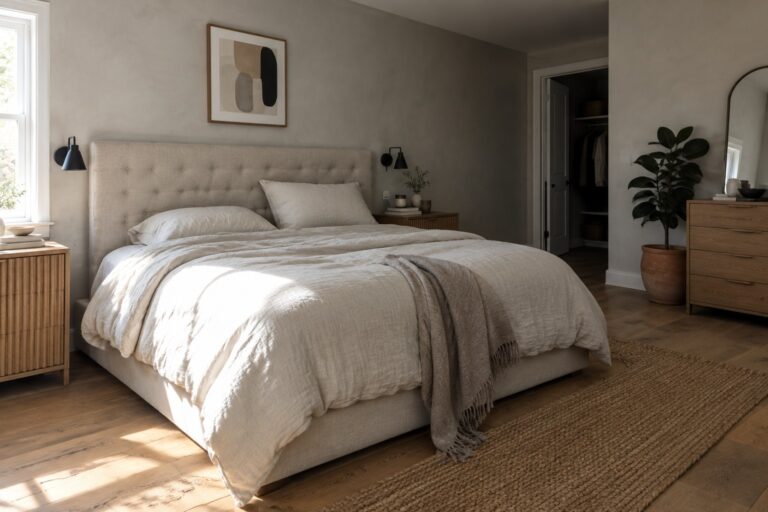 19 Serene Modern Bedroom Ideas Featuring Upholstered Headboards A modern bedroom featuring a large tufted upholstered headboard in light beige fabric, dressed with white and beige linen bedding, flanked by wooden nightstands, with a woven jute rug on hardwood flooring.