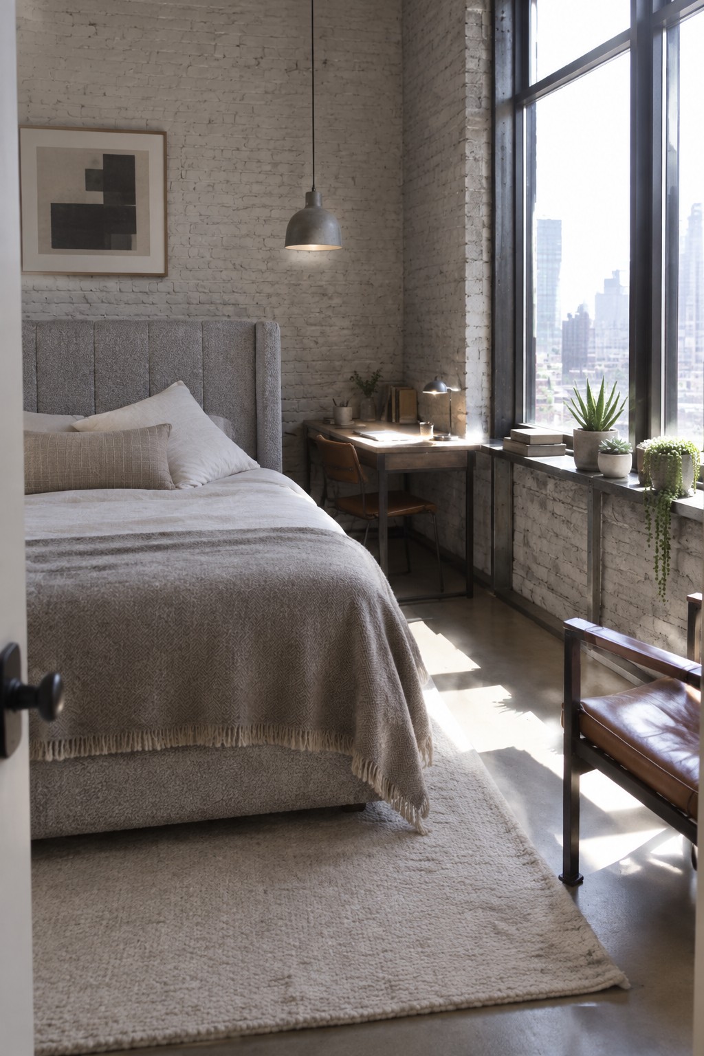 A bedroom with a tall gray upholstered headboard, neutral bedding, a small wooden desk, and a large window with city views.