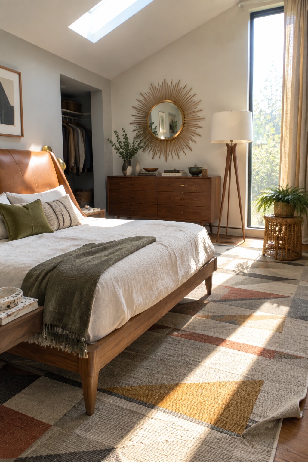 A modern bedroom with a wooden bed frame, brown leather upholstered headboard, white bedding, wooden dresser, and large sunburst mirror on the wall.