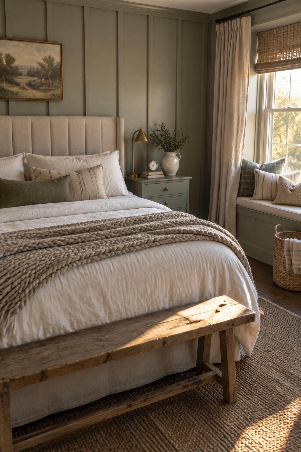 A bedroom with a large beige upholstered headboard, white bedding, a chunky knit throw, a wooden bench at the foot of the bed, and sage green walls.