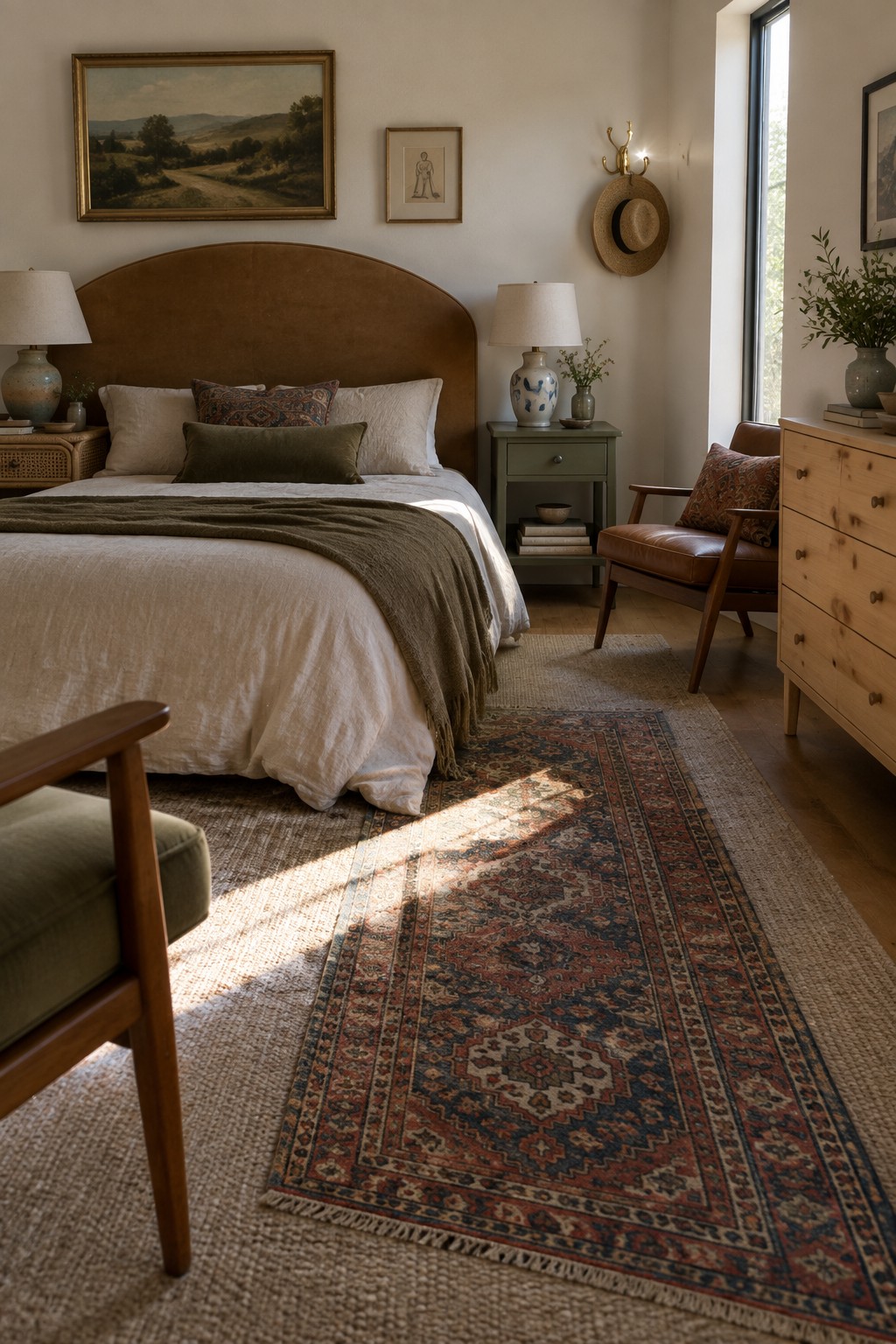 Sunlit bedroom with arched bed, colorful rug, leather chair, and wooden dresser