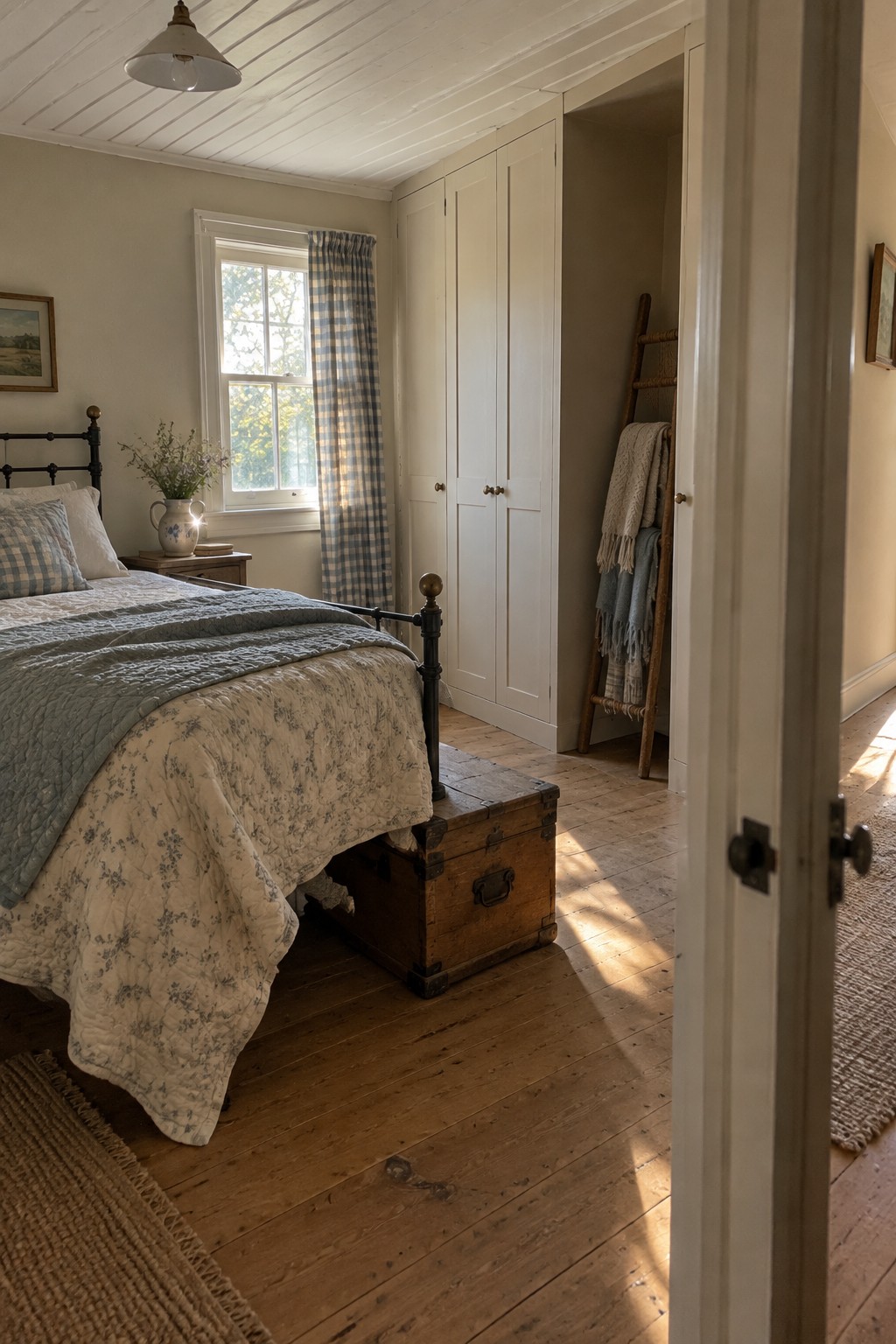 A bedroom interior showing a full-height white wardrobe fitted into an alcove beside a bed with a wooden trunk at the foot.