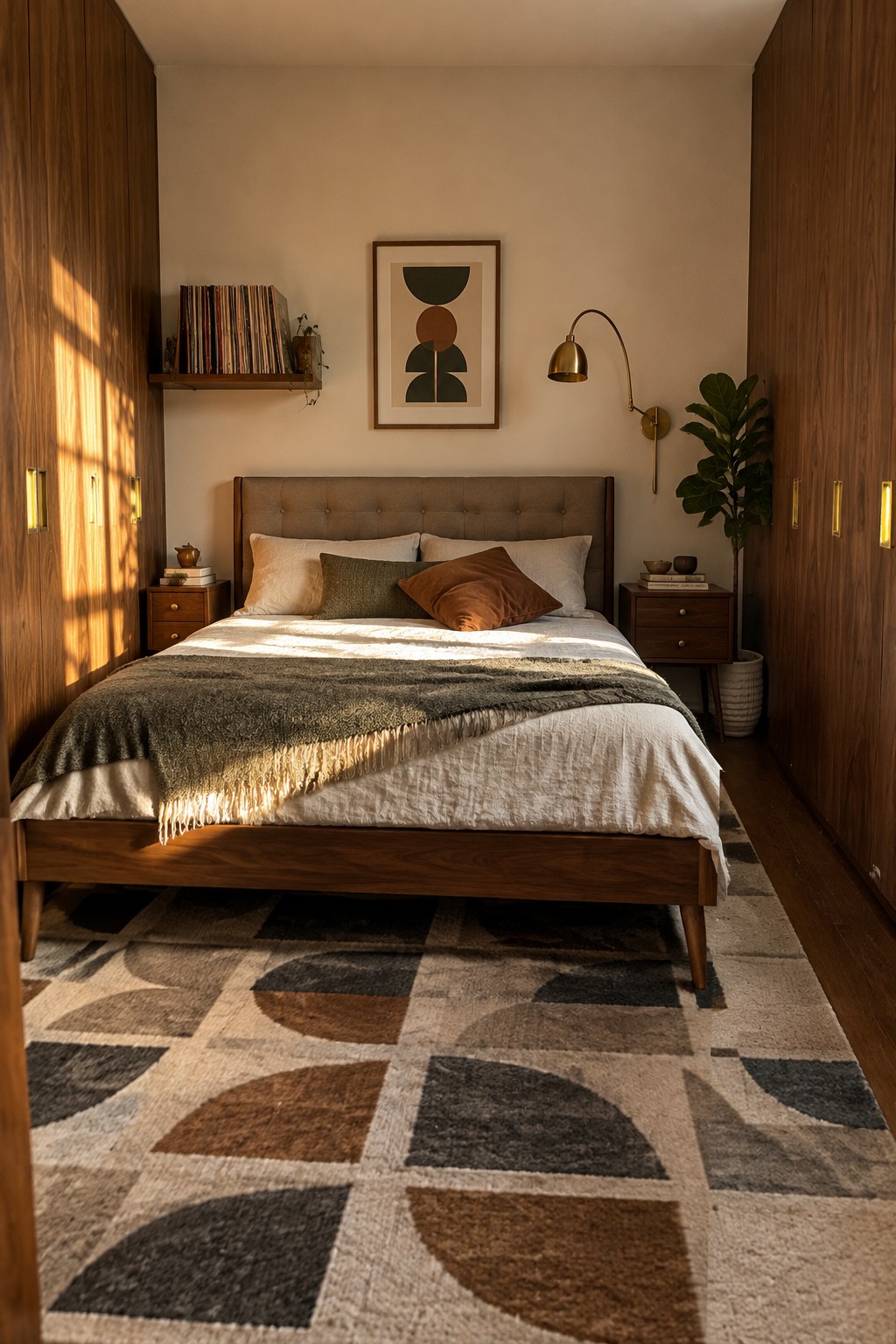 A small bedroom with a wooden bed centered between two full-height walnut wardrobes, a patterned rug, and warm sunlight coming from the left.