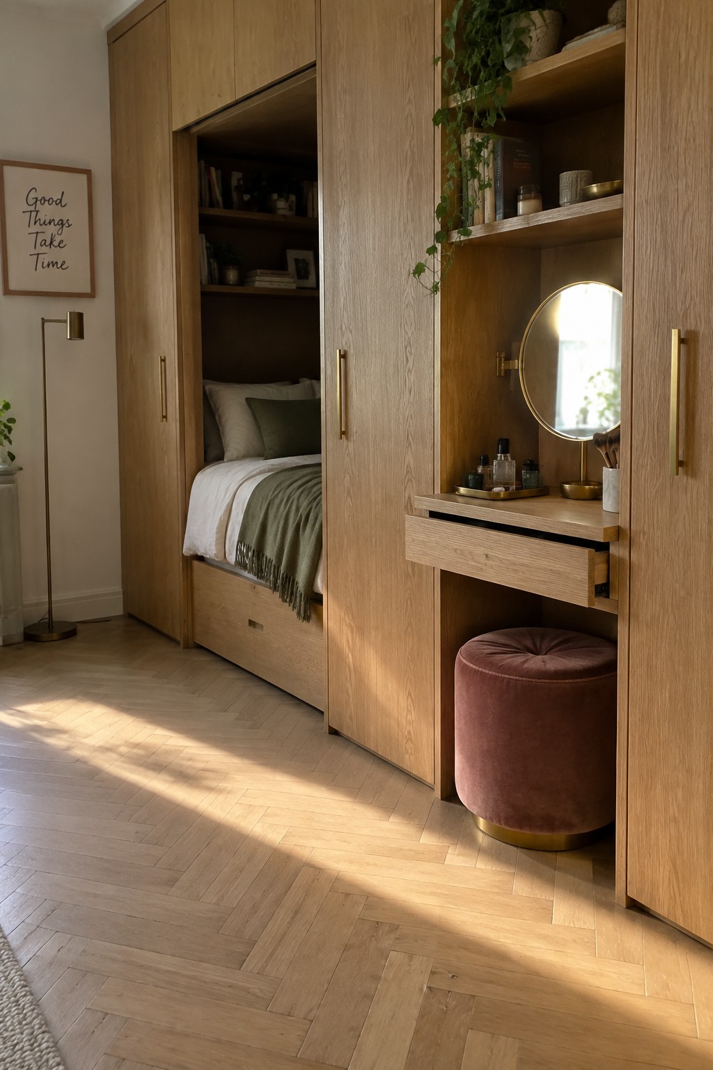 Bedroom with floor-to-ceiling light wood wardrobes, one section open to show a built-in bed alcove with white and green bedding, and an adjacent open vanity area with round mirror and pink stool.