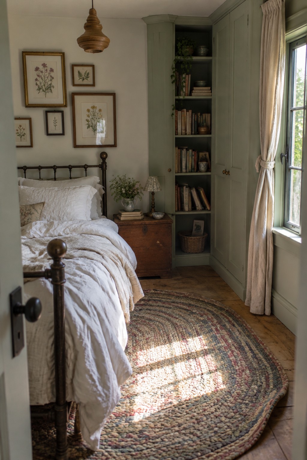 A small bedroom featuring a bed with white bedding, a tall sage green built-in wardrobe, framed art on the wall, and a round multicolored rug on the floor.