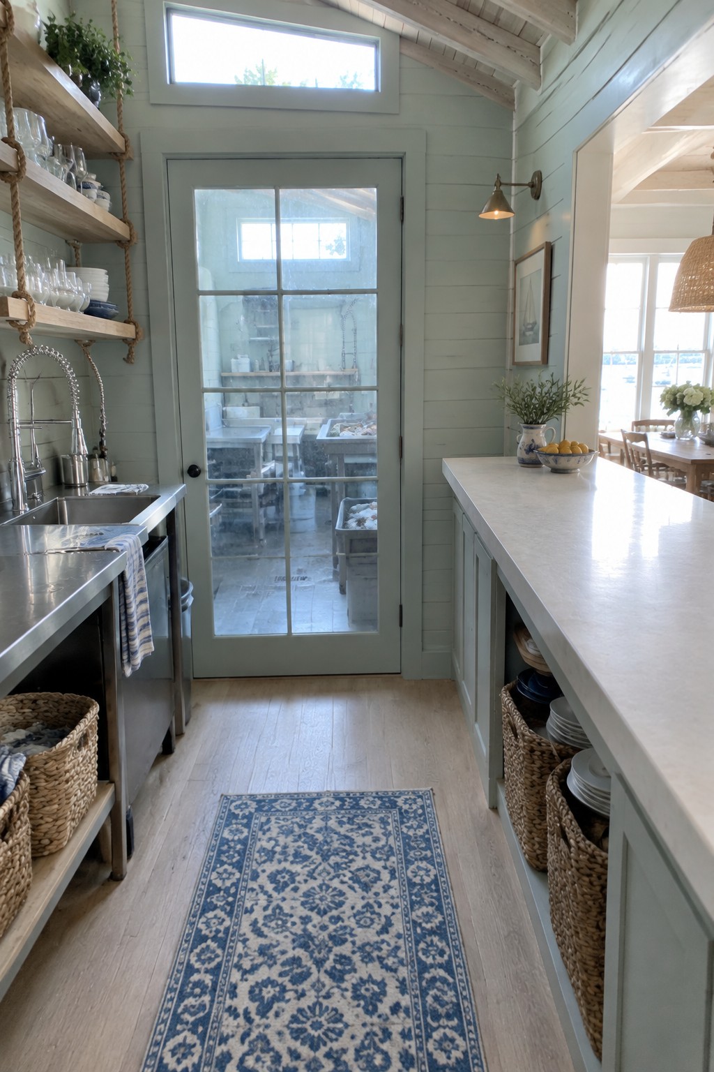 A narrow closed kitchen with light green walls shows a long light-colored peninsula counter with woven storage baskets below, a stainless steel sink and faucet on the left, open wood shelves with glassware, and a glass-paned door at the end of the room.