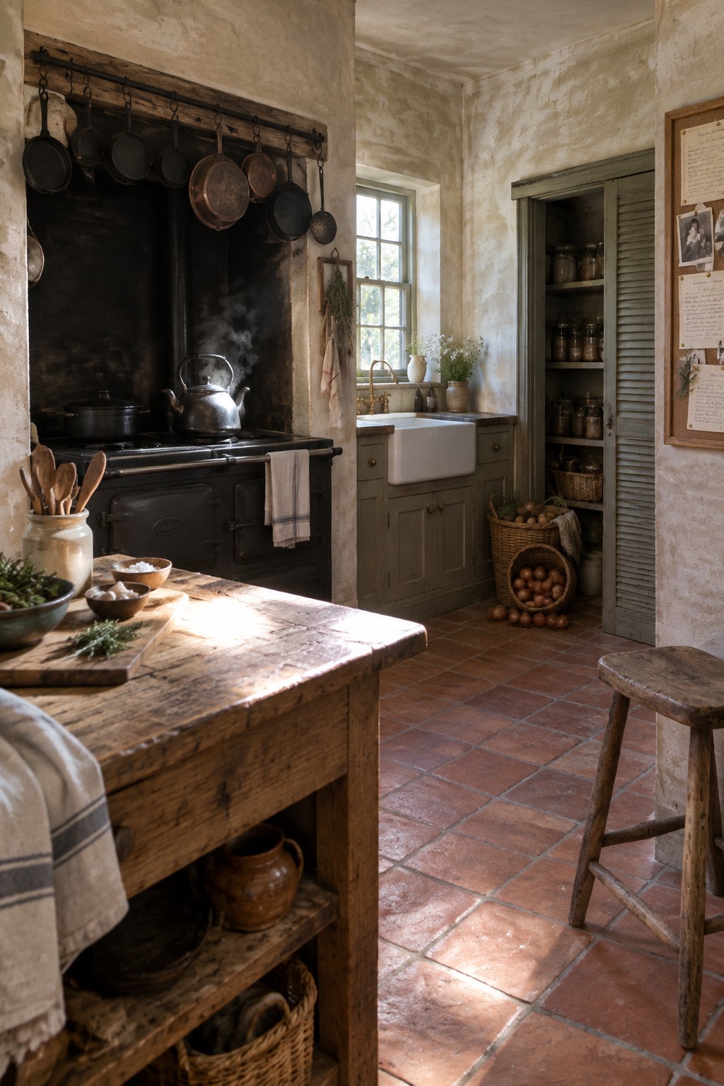Rustic kitchen interior showing a large wooden prep table in the foreground, a black range cooker with hanging pans above it, and a white farmhouse sink beneath a window.