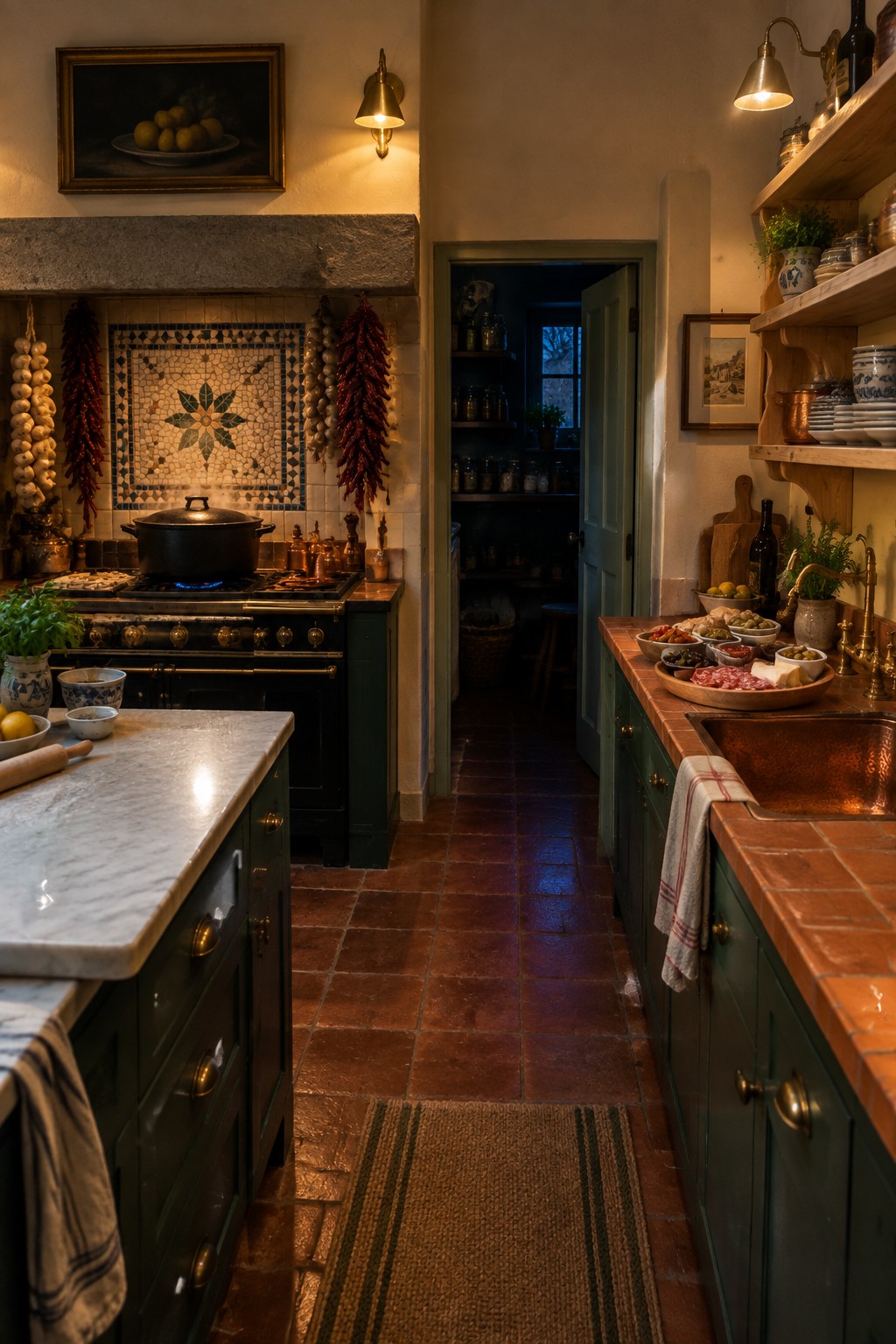 Rustic kitchen with green cabinets, copper sink, terracotta floor, and hanging peppers.