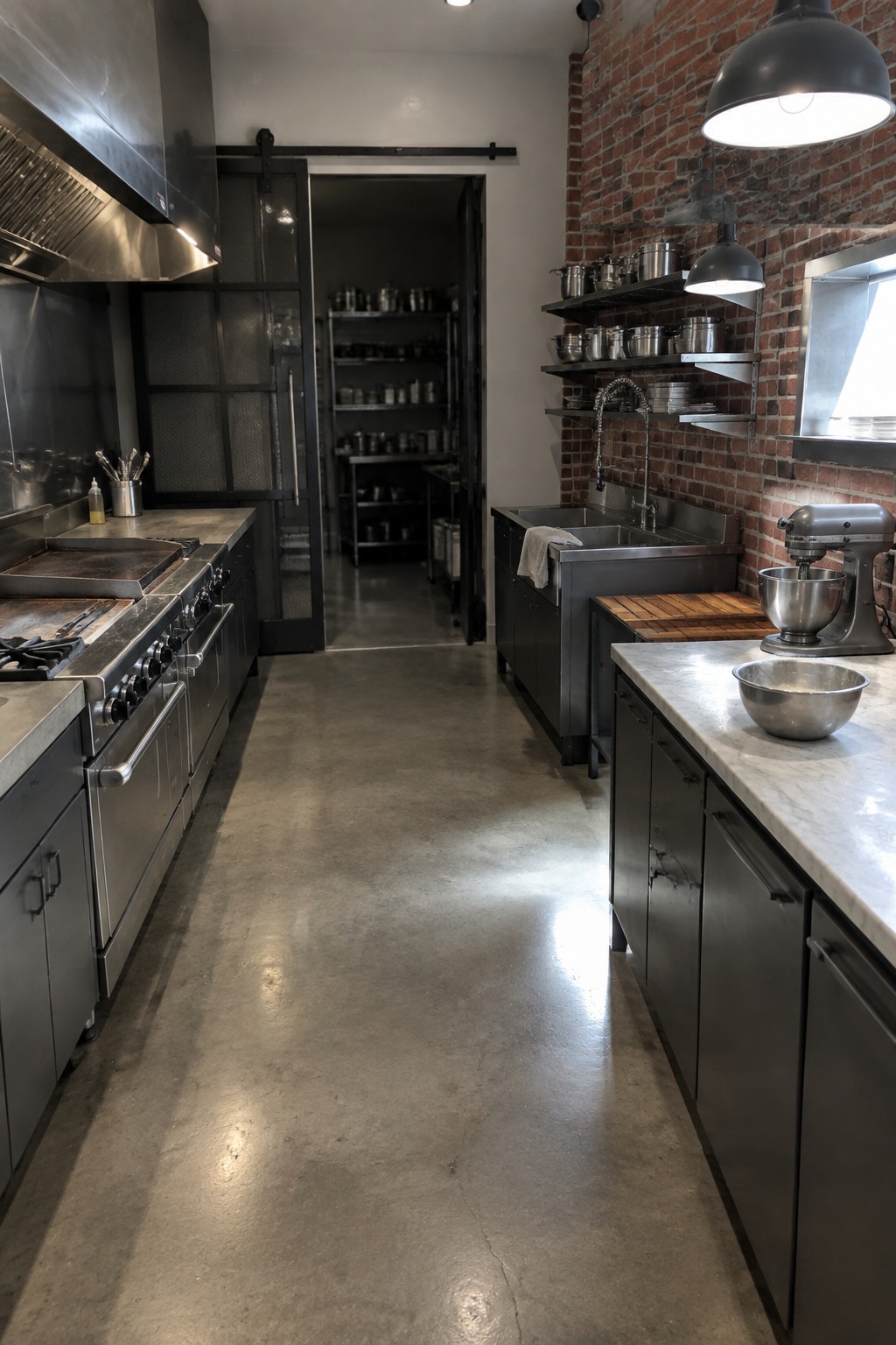 A stainless steel kitchen with concrete floors and an open black doorway leading to a storage room lined with metal shelves.