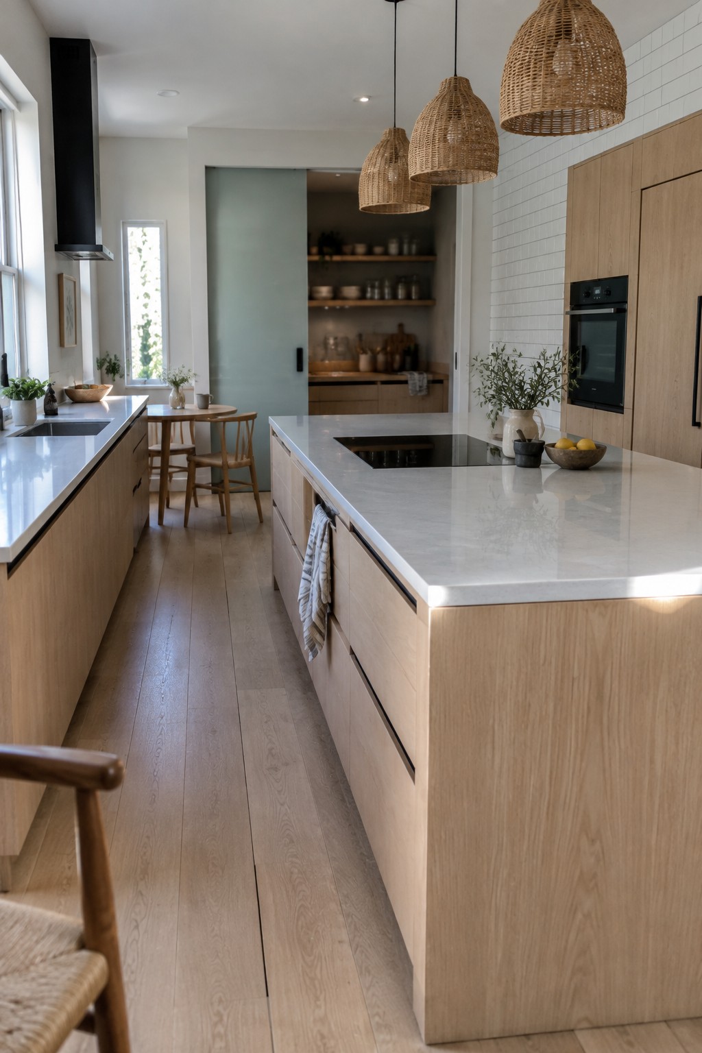 A modern closed kitchen with light wood cabinetry, a long white marble island featuring a built-in cooktop, and woven pendant lights suspended above the counter.