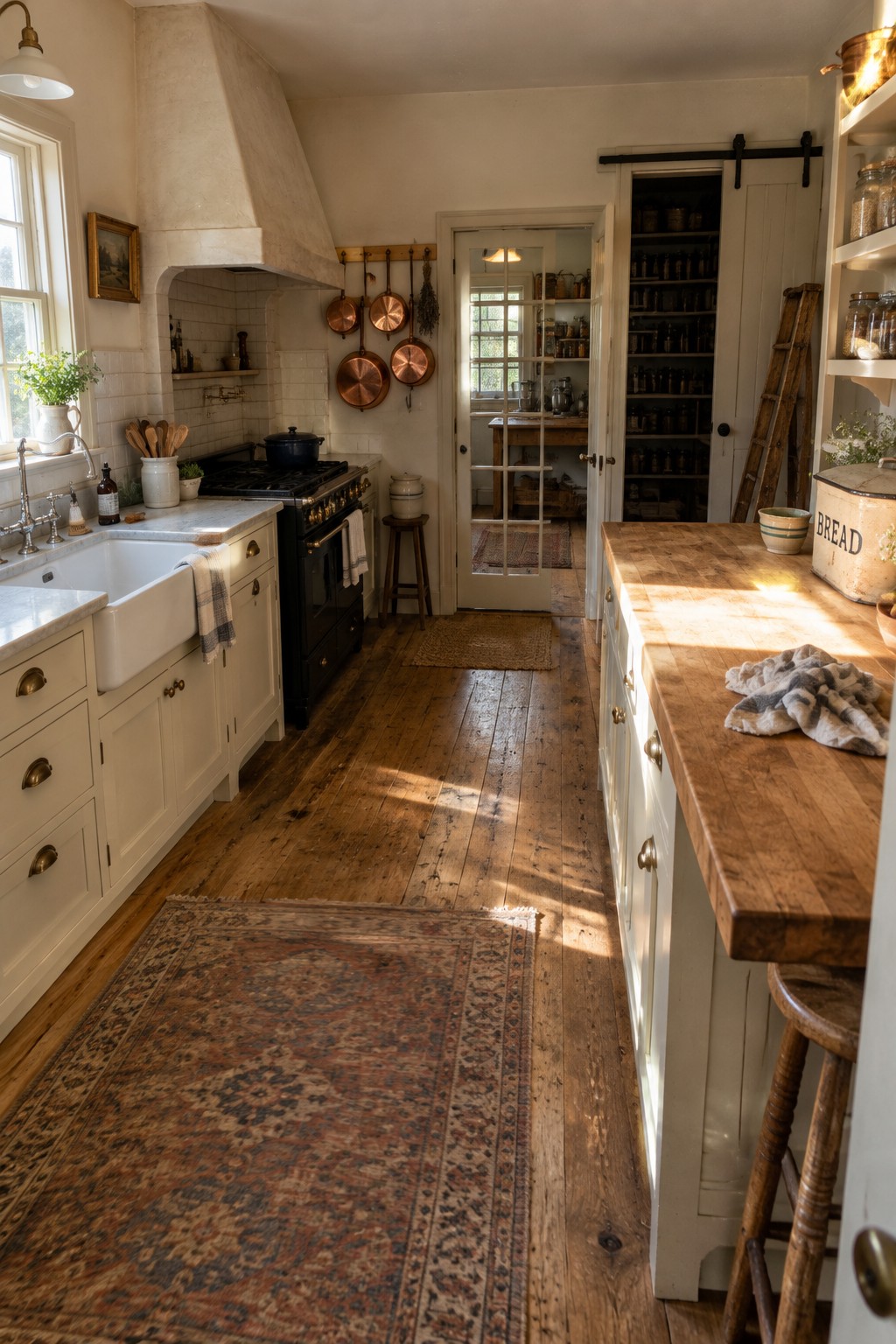 A rustic kitchen with white cabinets, a black stove and range hood, wooden island, and an open doorway revealing a pantry room with stocked shelves.