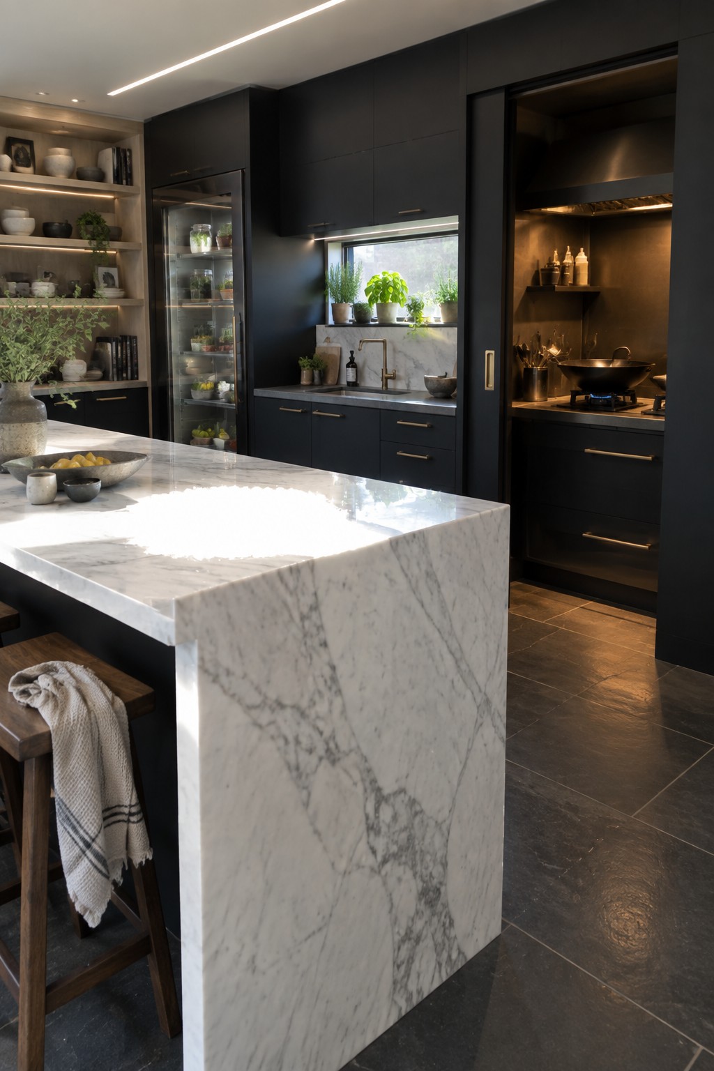 A modern kitchen featuring a large white marble island with dark cabinetry and a separate cooking alcove visible through an opening, showing a range and hood.