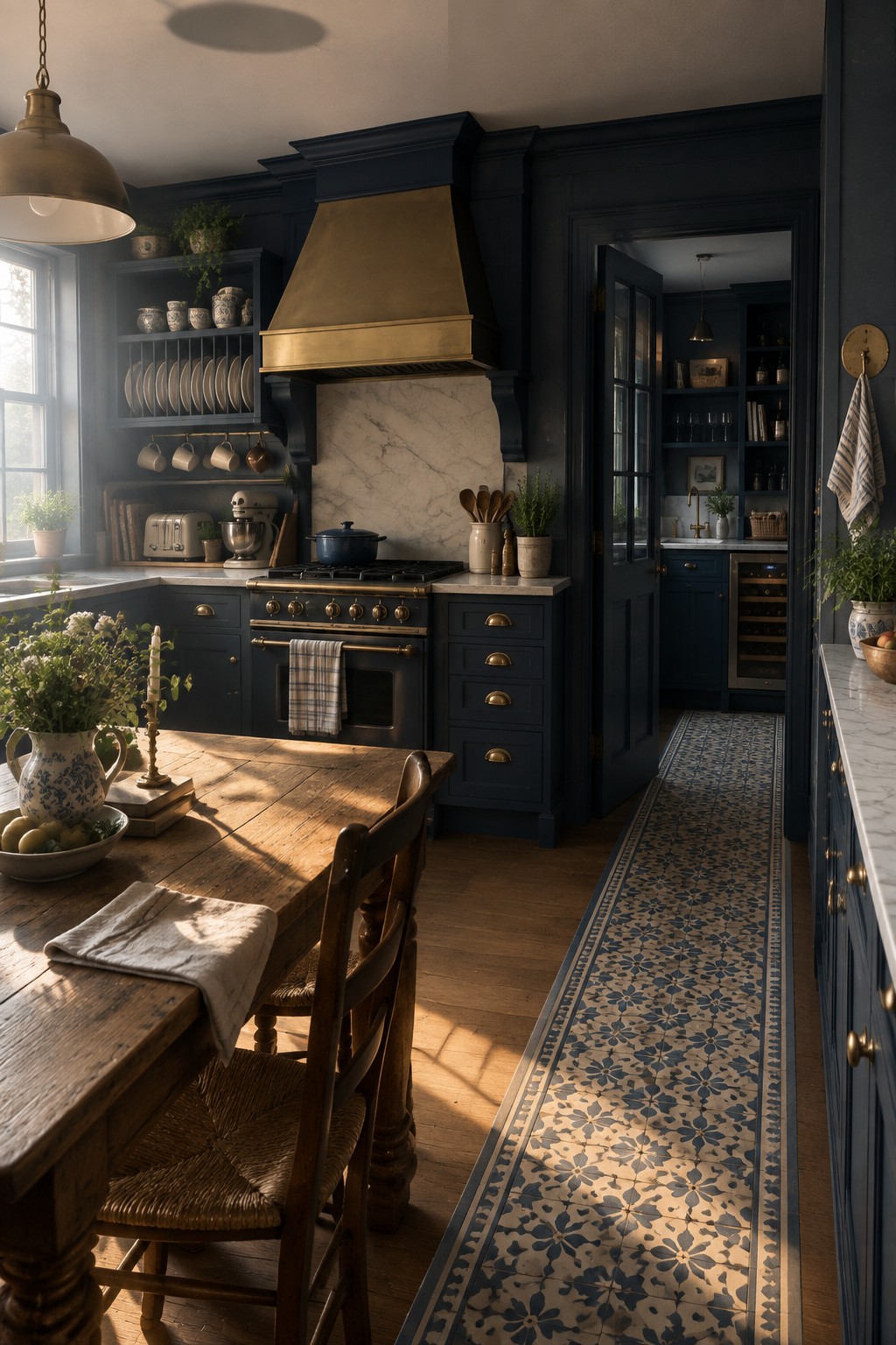 A dark blue kitchen with brass range hood and marble backsplash, wooden dining table in foreground, and open doorway leading to a separate pantry room with built-in shelving and wine fridge.