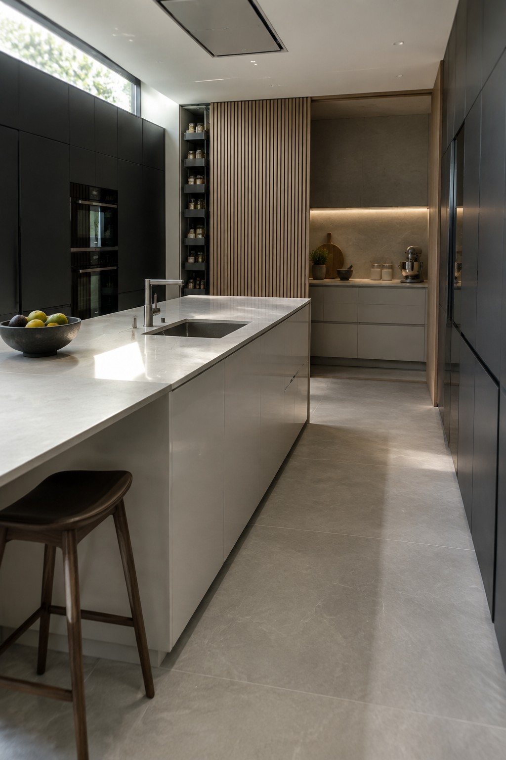 Modern kitchen with marble island, dark cabinets, wooden bar stool, and open shelves