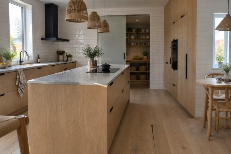 19 Stylish Closed Kitchen Ideas for Separate Cooking Zones A modern closed kitchen with light wood cabinetry, a long white marble island featuring a built-in cooktop, and woven pendant lights suspended above the counter.