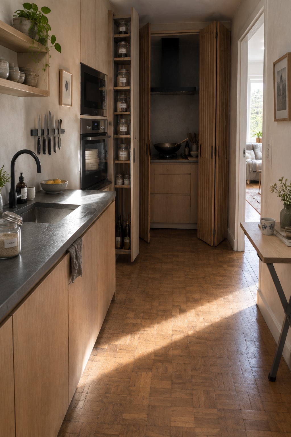 A kitchen with light wood cabinets, dark stone countertop, built-in oven and microwave, and a tall open pantry unit filled with glass storage jars.