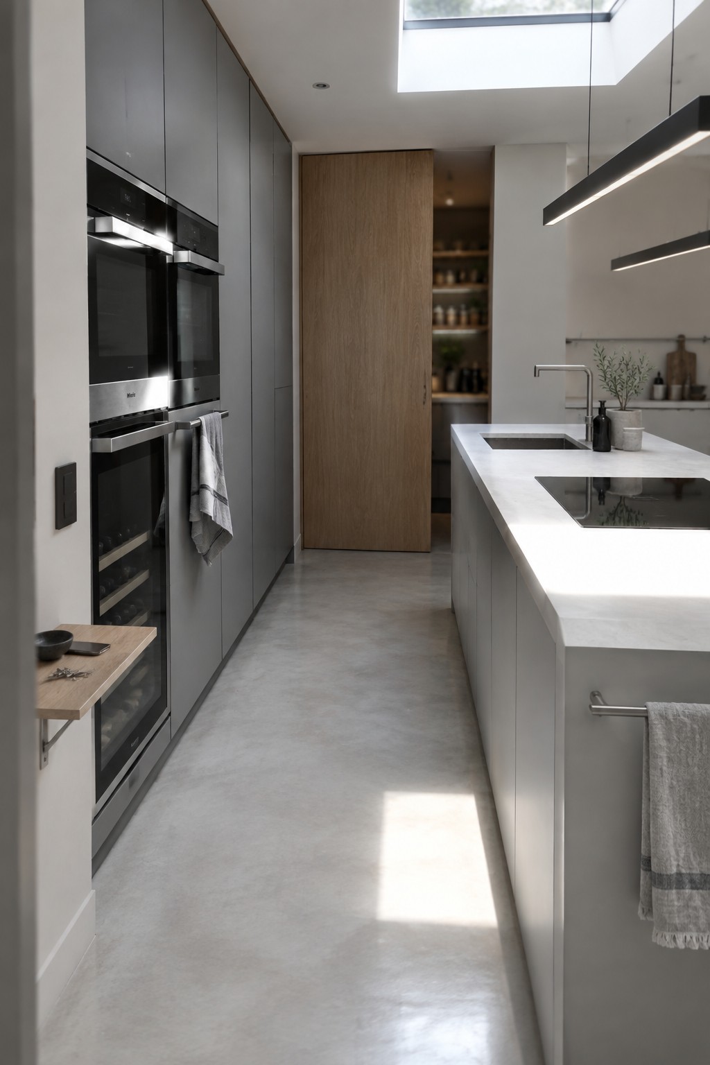 A modern kitchen with tall grey cabinets housing built-in ovens and a wine fridge, a long white island, concrete floors, and a wooden door in the background.