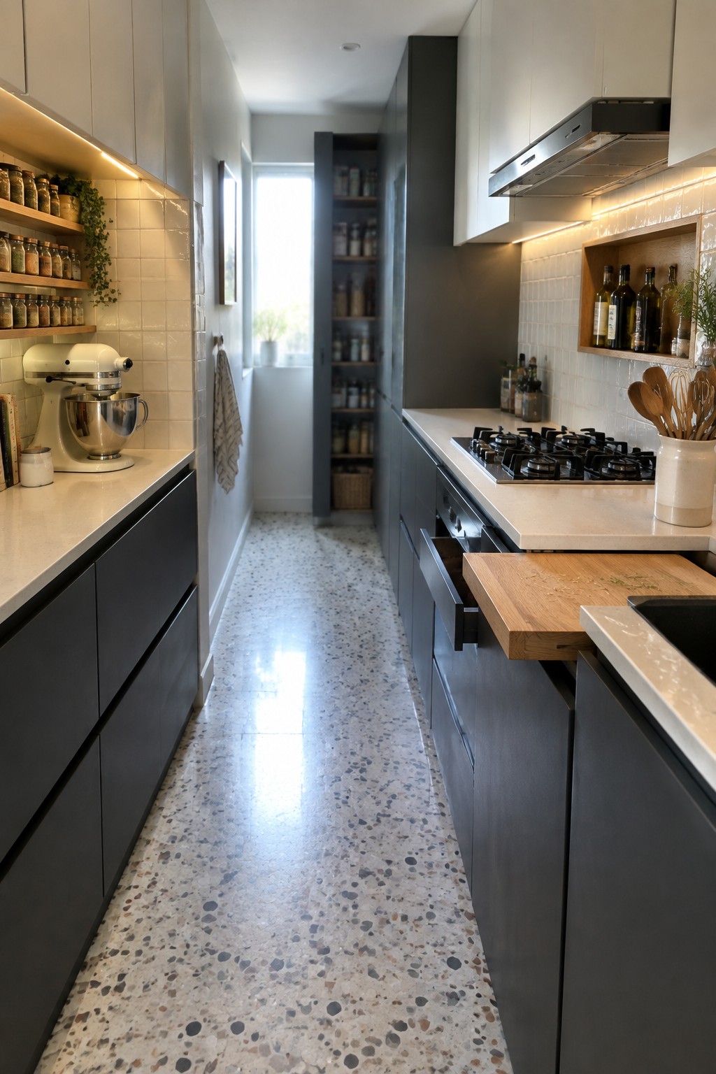 A narrow galley kitchen with dark gray lower cabinets, white countertops, a gas stove, open wooden spice shelves on the left, and a tall pantry cabinet visible at the far end.