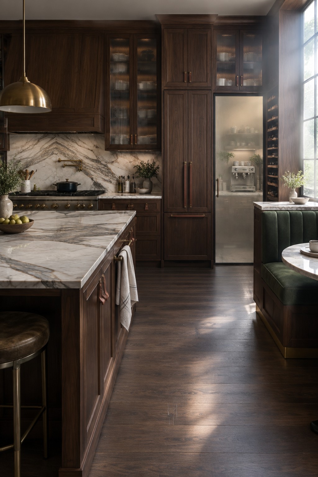 Dark wood kitchen with marble island, green velvet banquette, and coffee bar.