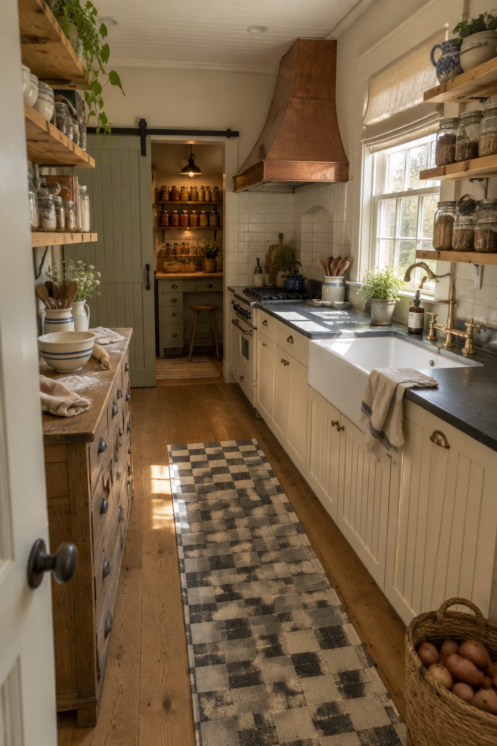 Rustic narrow kitchen with white cabinets, copper hood, wooden floors, and checkered rug.