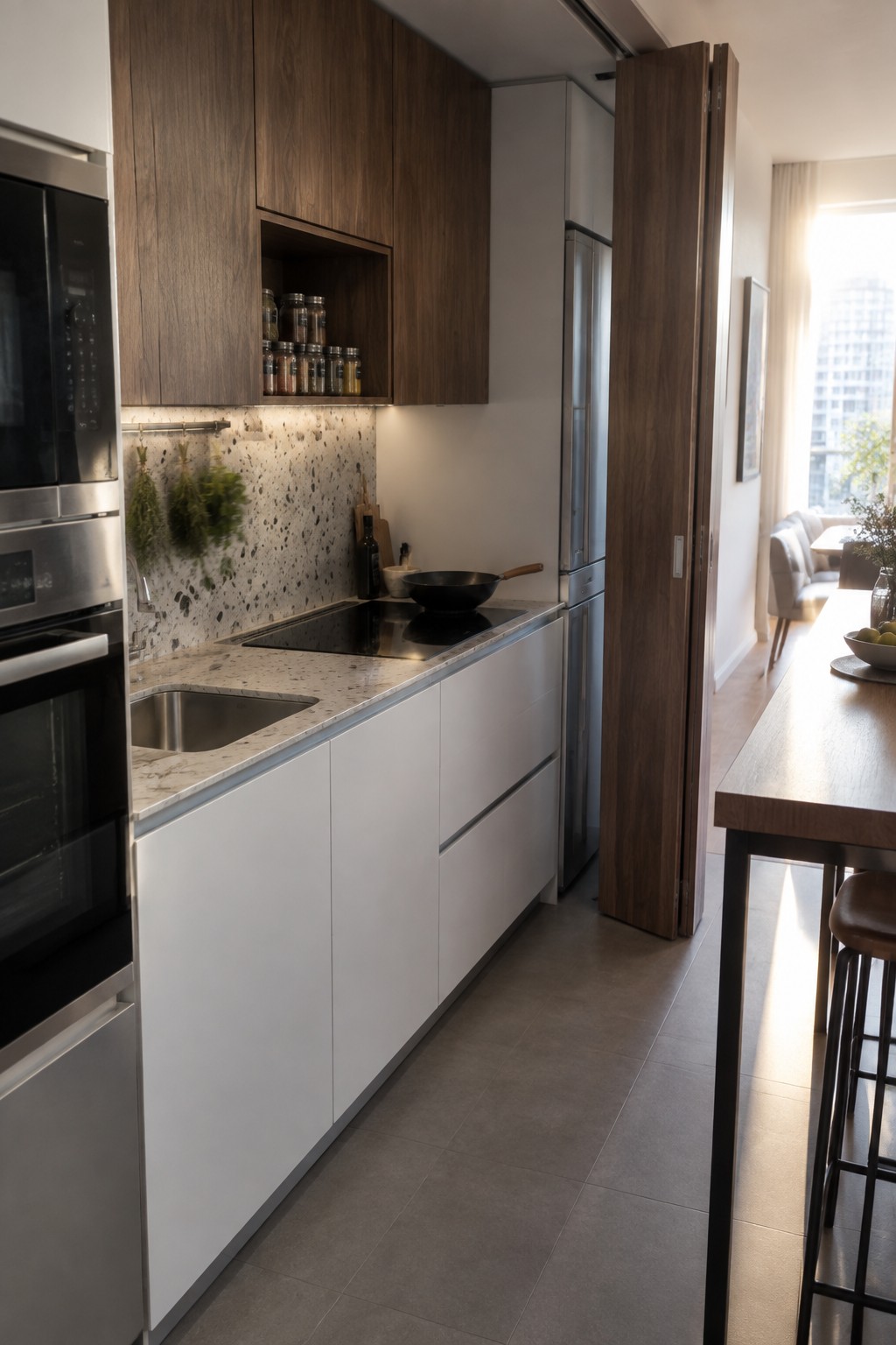A modern kitchen with white lower cabinets, wood upper cabinets, a stainless steel refrigerator, and a tall wooden sliding door that can close off the space from the adjacent dining area.