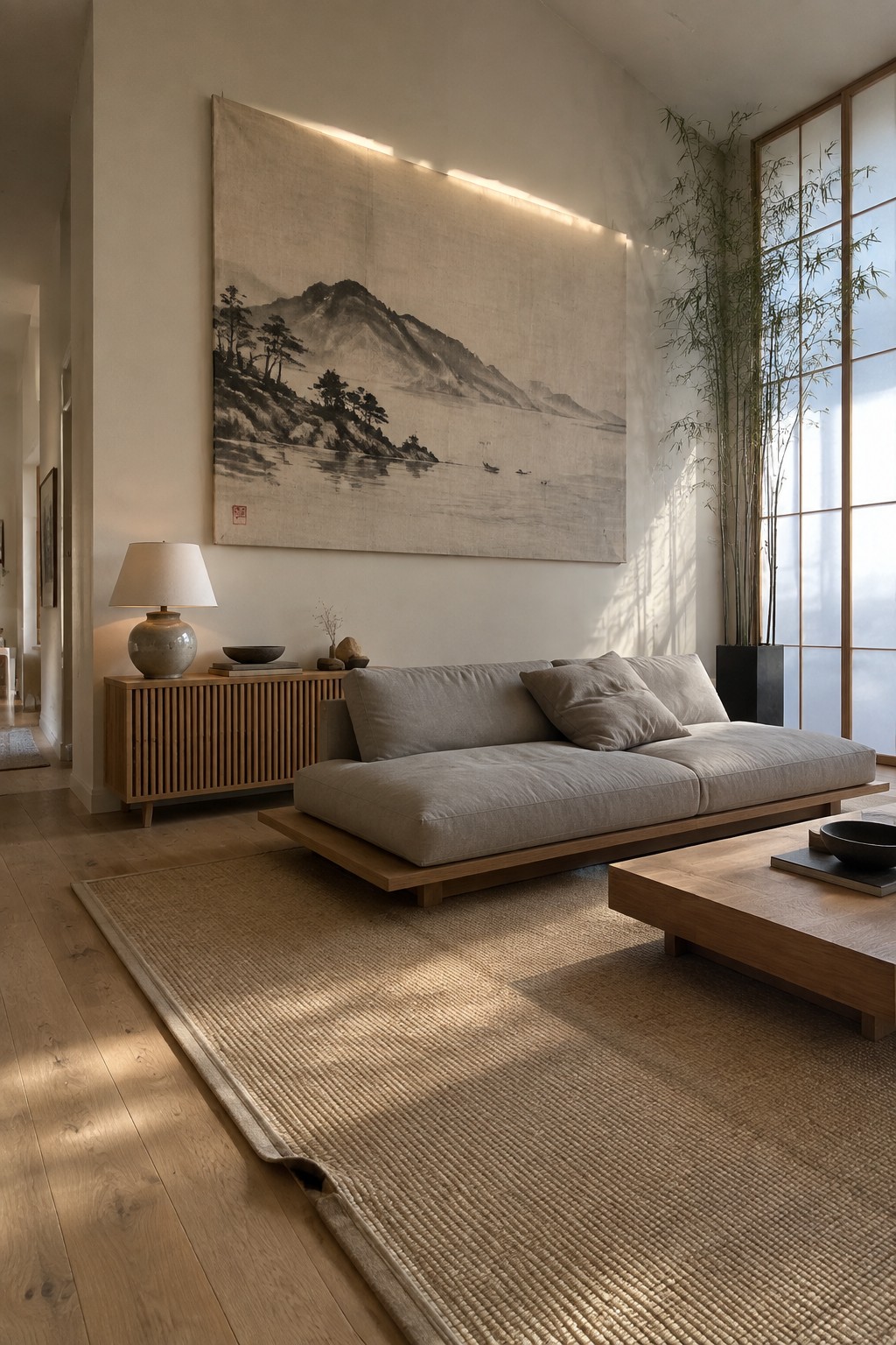 A large horizontal landscape painting hangs above a low gray sofa on a plain wall in a minimalist living room with wooden sideboard and coffee table.