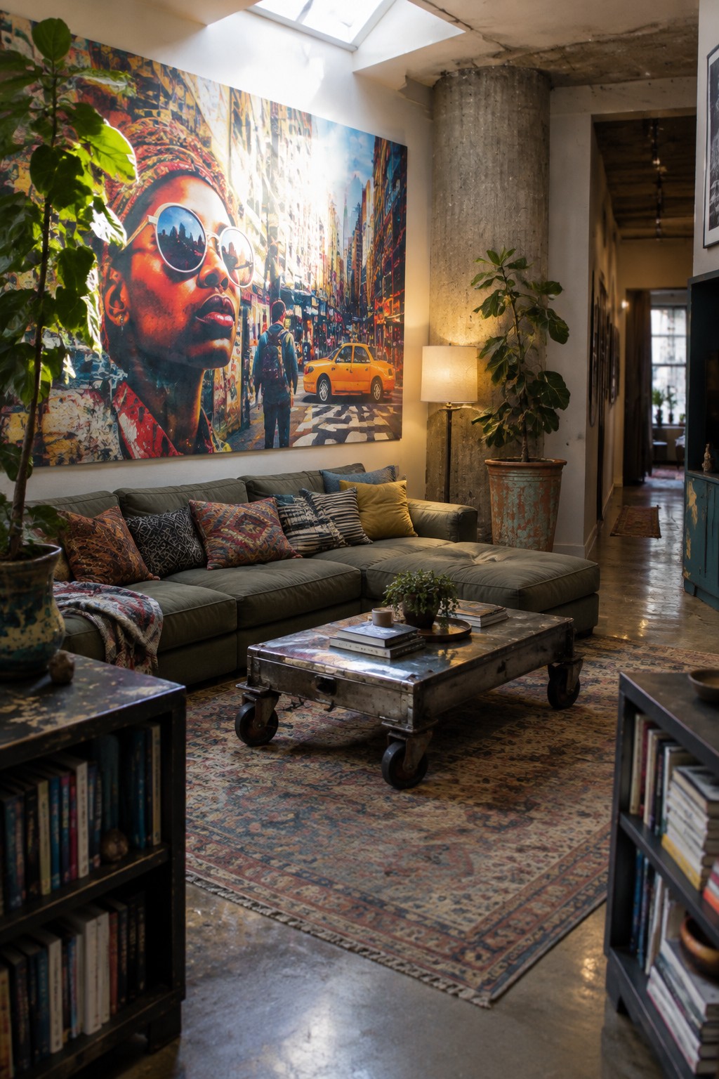 Spacious industrial living room with vibrant mural, green sectional sofa, and rolling trunk table
