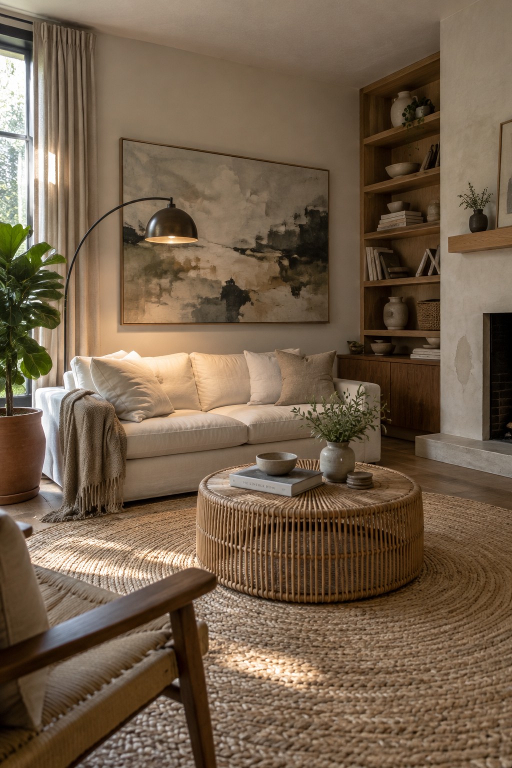Cozy living room with white sofa, round woven table, abstract art, and sunlight.