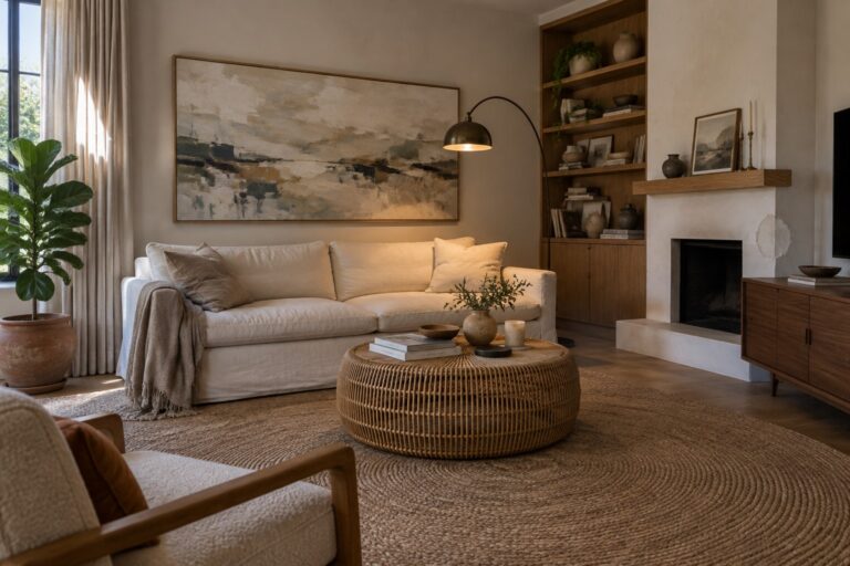 Cozy living room with white sofa, round woven table, abstract art, and sunlight.