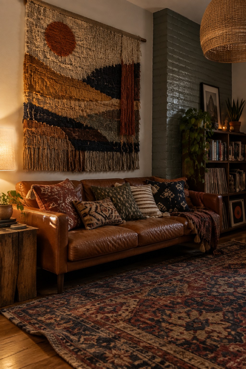A brown leather sofa sits below a large woven wall hanging with a sun and landscape design in a living room with a patterned rug and wooden bookshelf nearby.