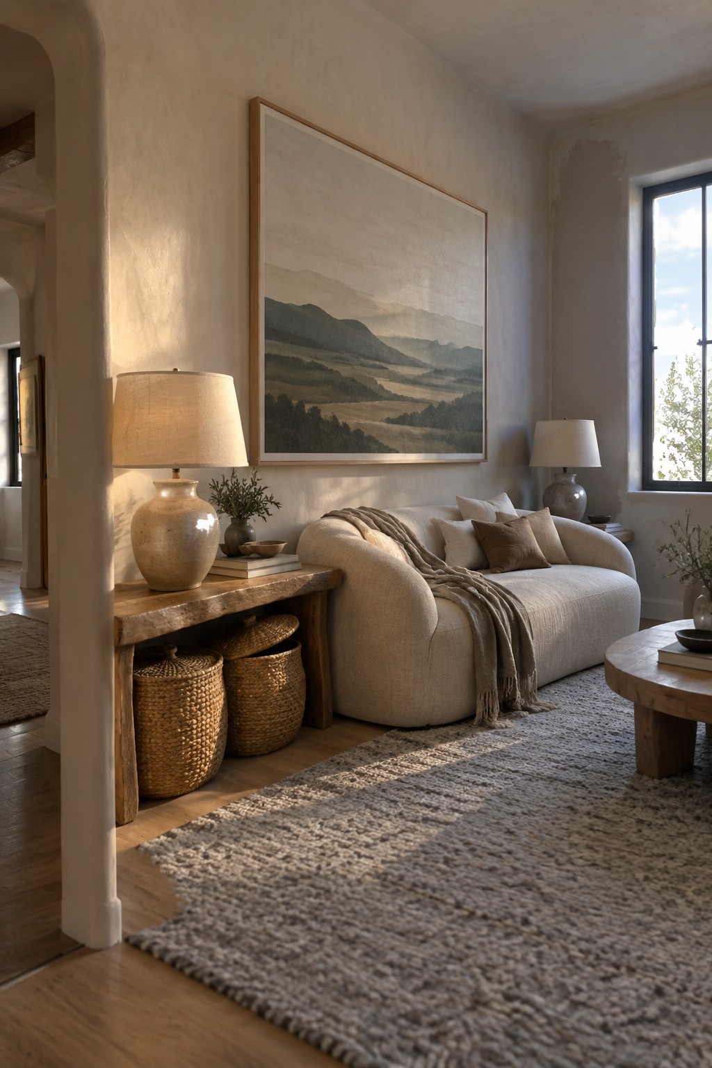 Beige curved sofa under large landscape painting in sunlit neutral living room with woven baskets