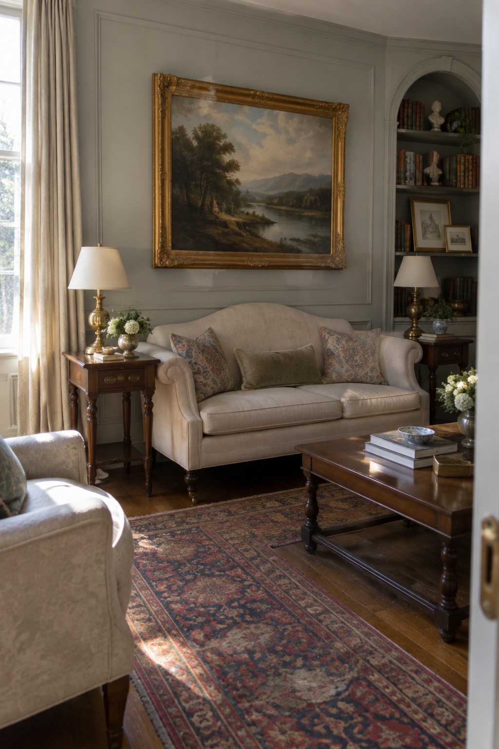 A living room featuring a beige sofa centered beneath a large landscape painting in an ornate gold frame, with wooden side tables holding lamps on either side and a patterned rug on the hardwood floor.