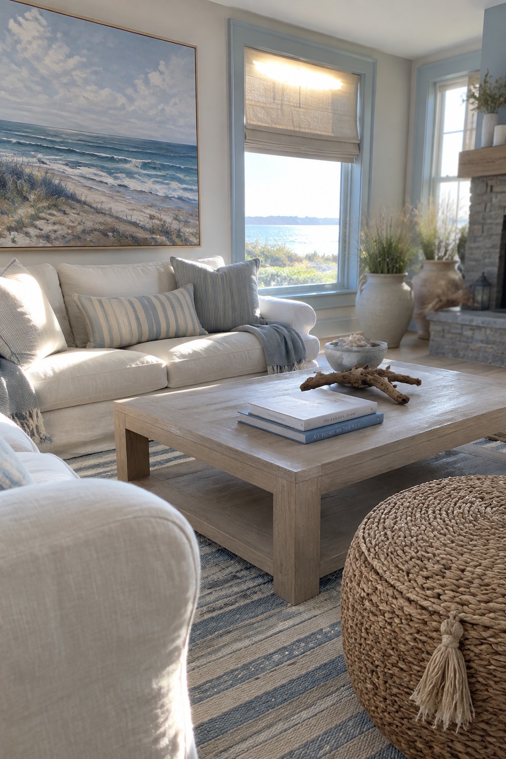 A bright living room with a large ocean painting above a white sofa, a wooden coffee table, and a window overlooking the water.