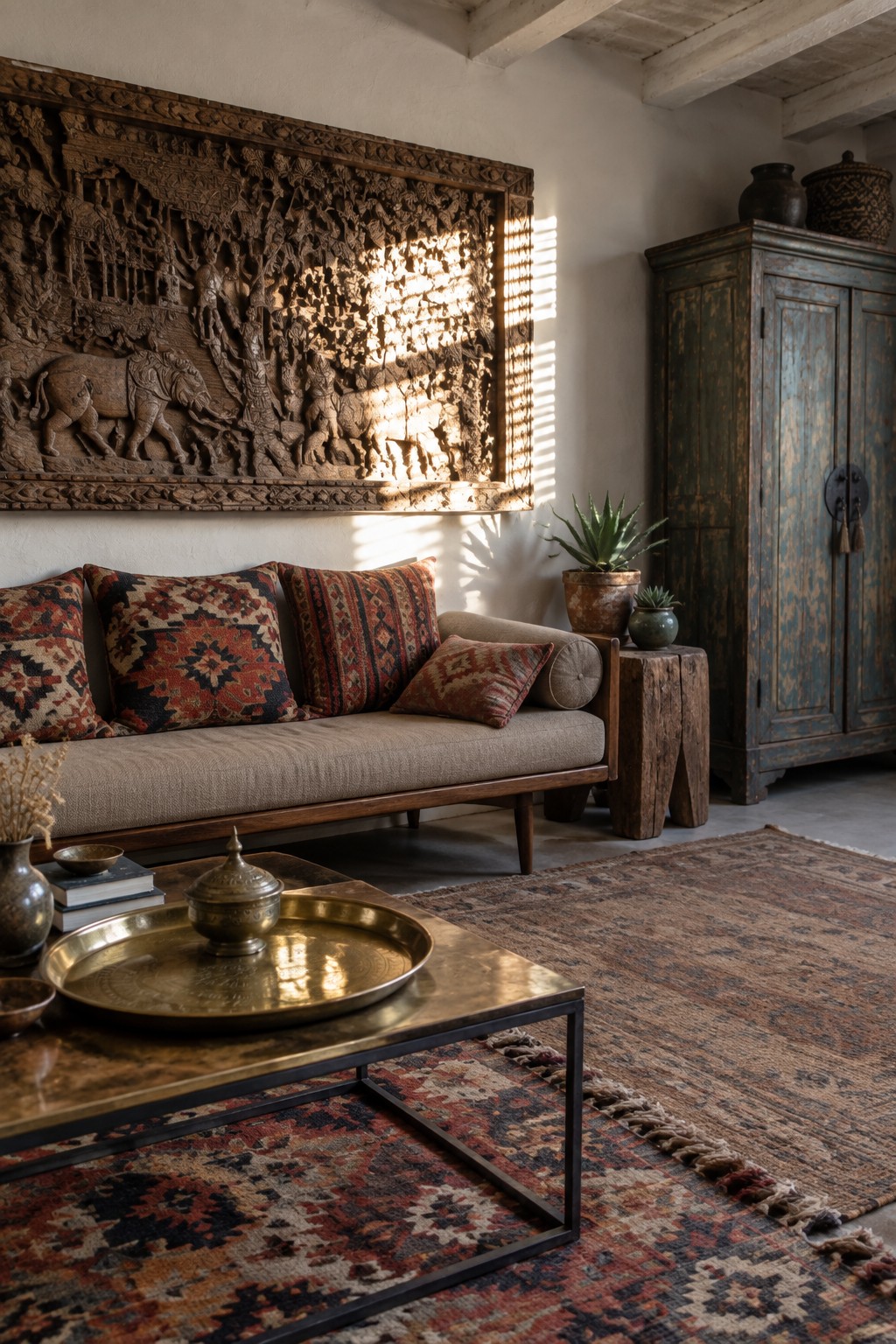 A living room featuring a large carved wooden wall panel above a beige sofa, with sunlight casting shadows across the wall and furniture.