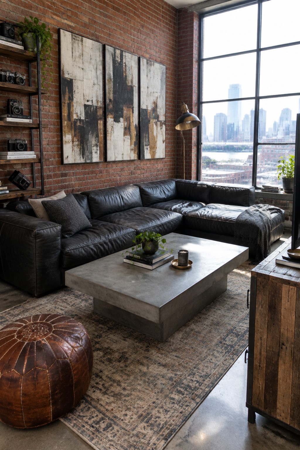 A living room with a black leather sectional sofa against a red brick wall, three large abstract paintings above the sofa, a concrete coffee table, and a large window with a city view.