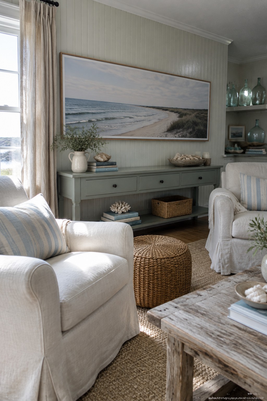 Cozy coastal living room with white armchairs, striped pillows, green console, and beach art