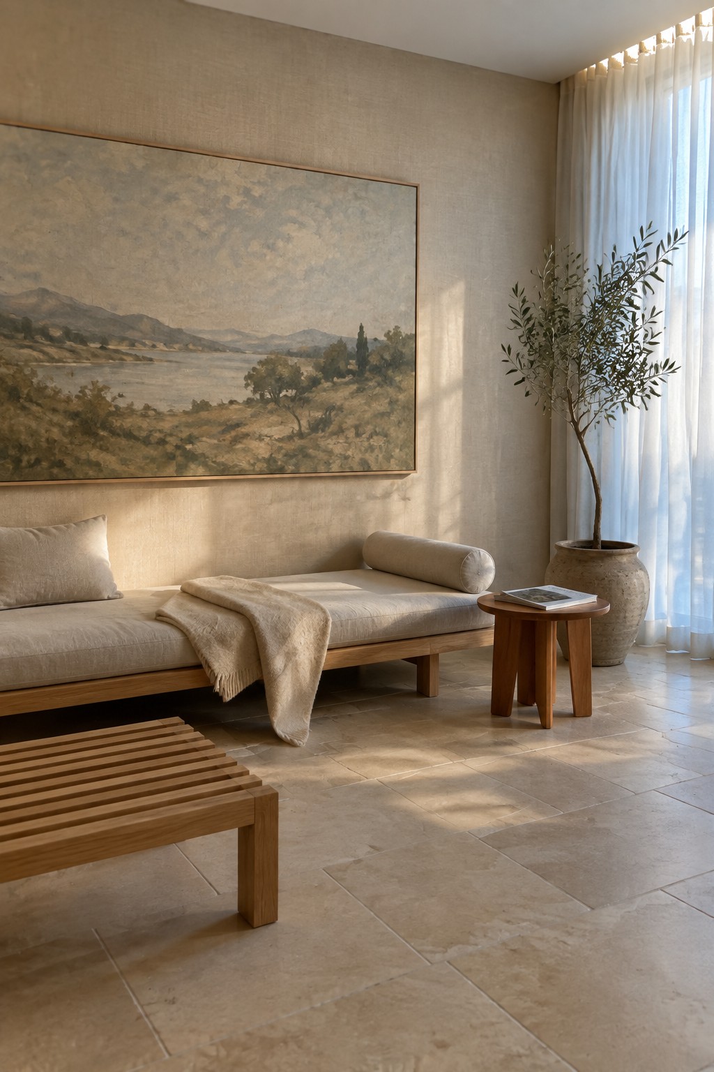 A large landscape painting hangs above a low wooden daybed with neutral cushions and a folded throw in a minimalist room with a round side table and potted tree nearby.