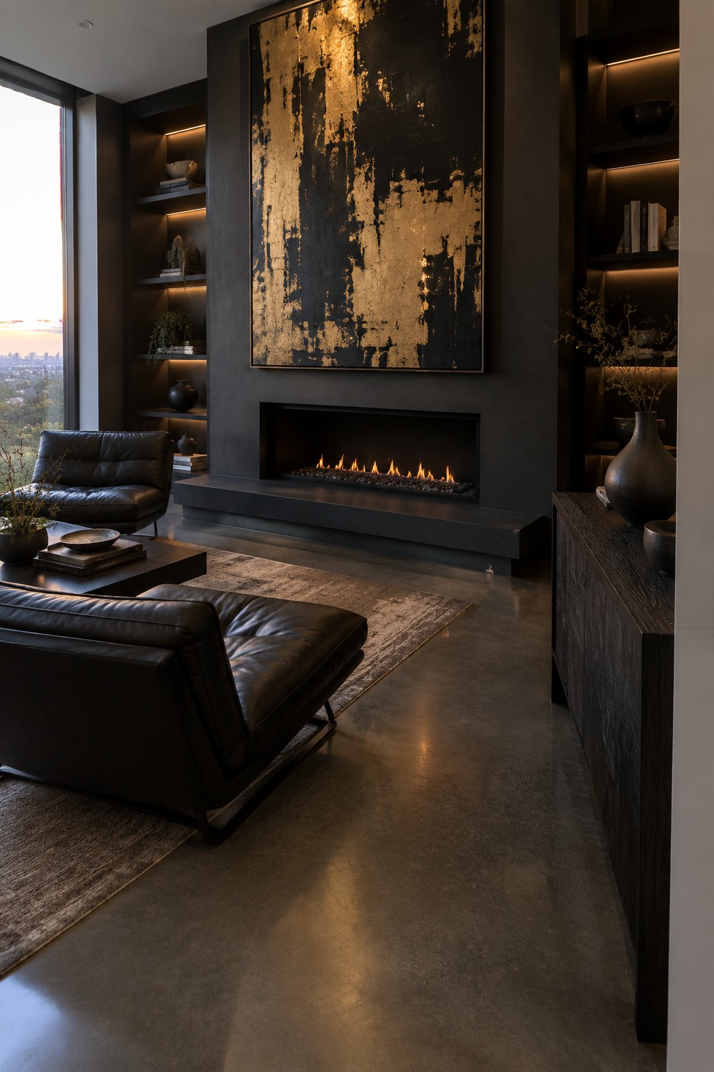 Dark modern living room with leather chairs, fireplace, abstract gold painting, and city view.