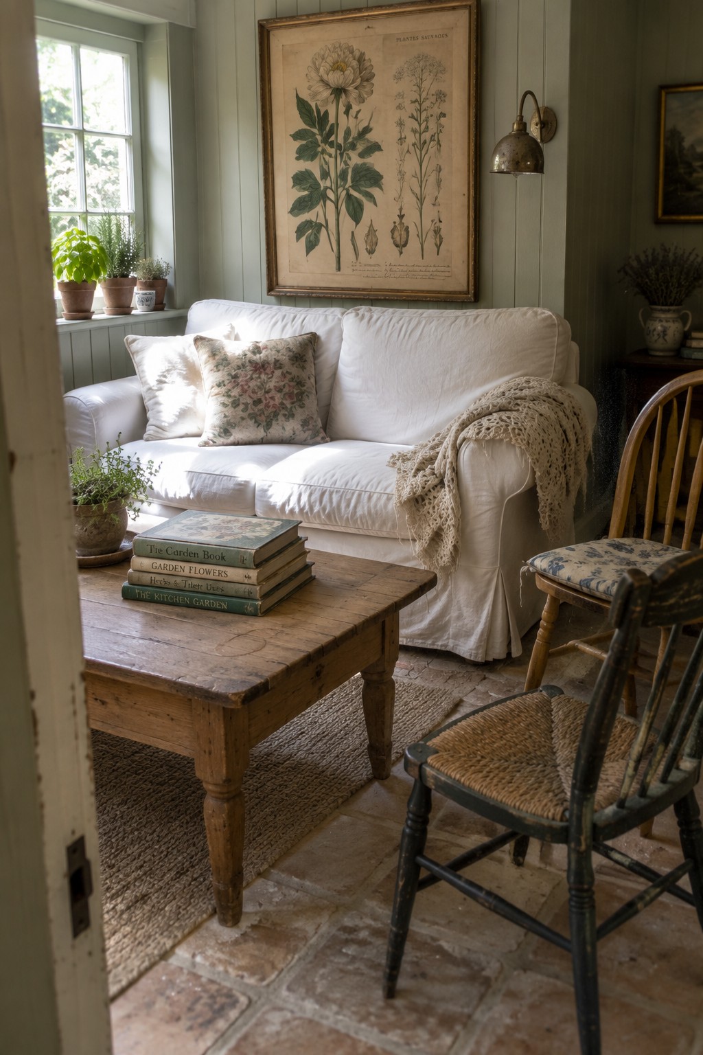 A living room with a white sofa under a large framed botanical print on a green paneled wall, a wooden coffee table in the foreground, and two wooden chairs to the right.