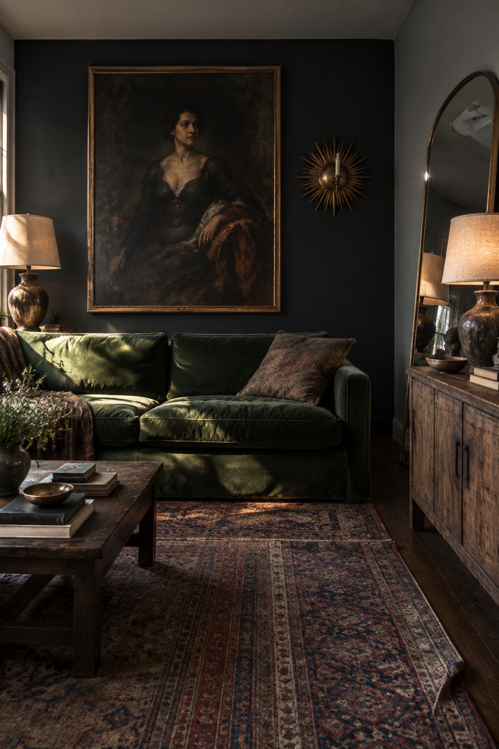 A living room featuring a large classical painting centered on a dark wall above a green velvet sofa, with a wooden coffee table and patterned rug in front.