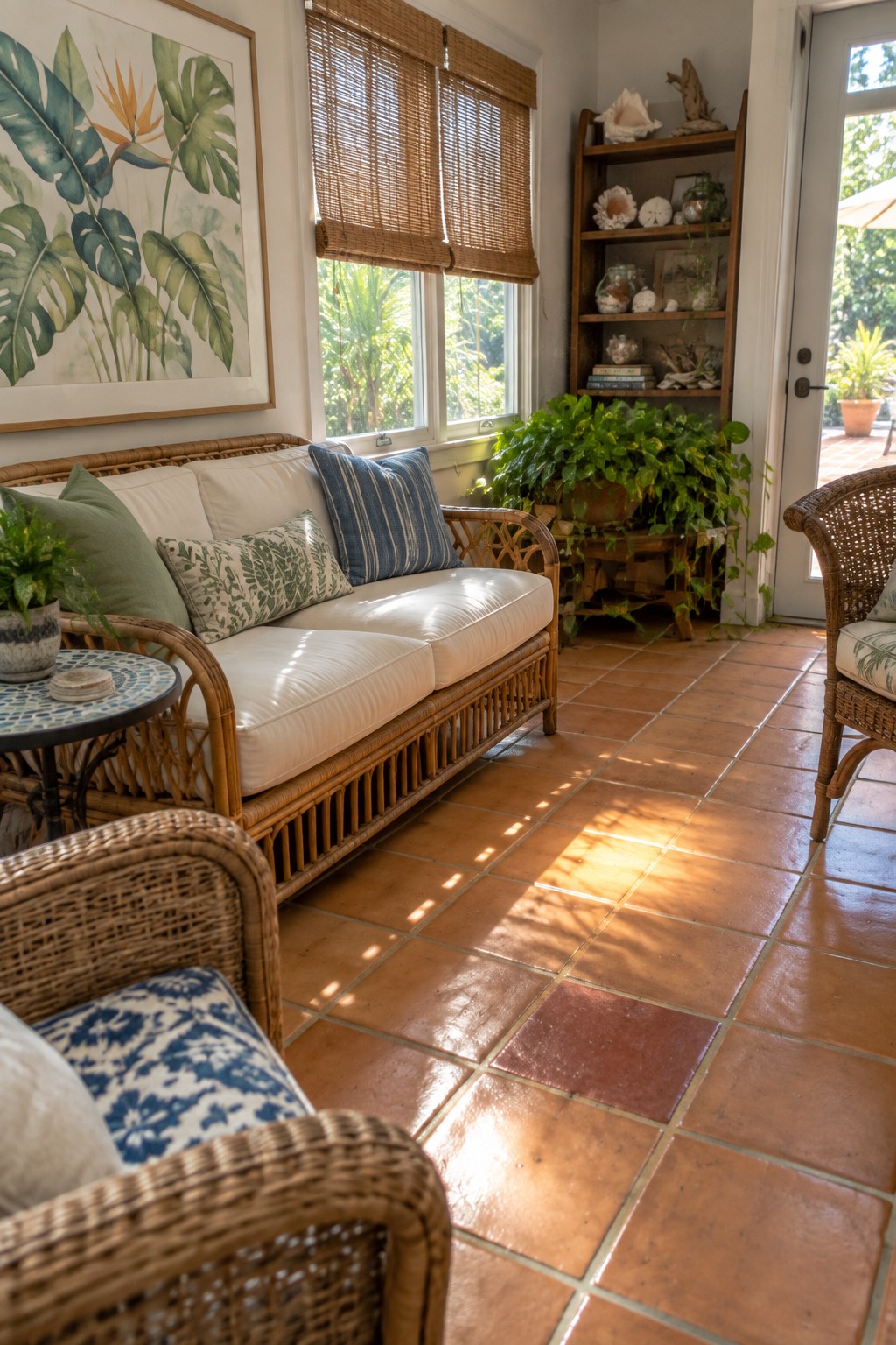 Bright sunroom with rattan sofa, bamboo blinds, terracotta tiles, and tropical plants.