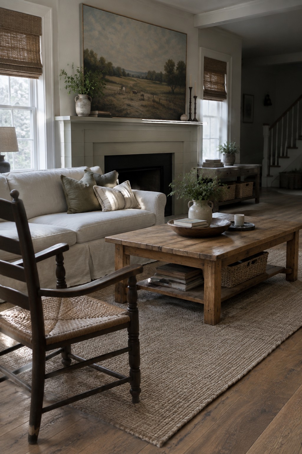 A living room with a white sofa, wooden coffee table, and a large landscape painting hanging above a light gray fireplace mantel.