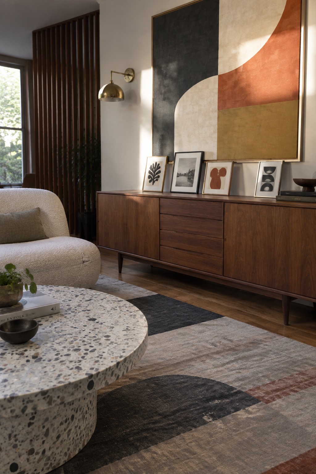 A modern living room with a large geometric abstract artwork in black, beige, and terracotta hanging above a walnut sideboard displaying four small framed prints, with a terrazzo round coffee table in the foreground.
