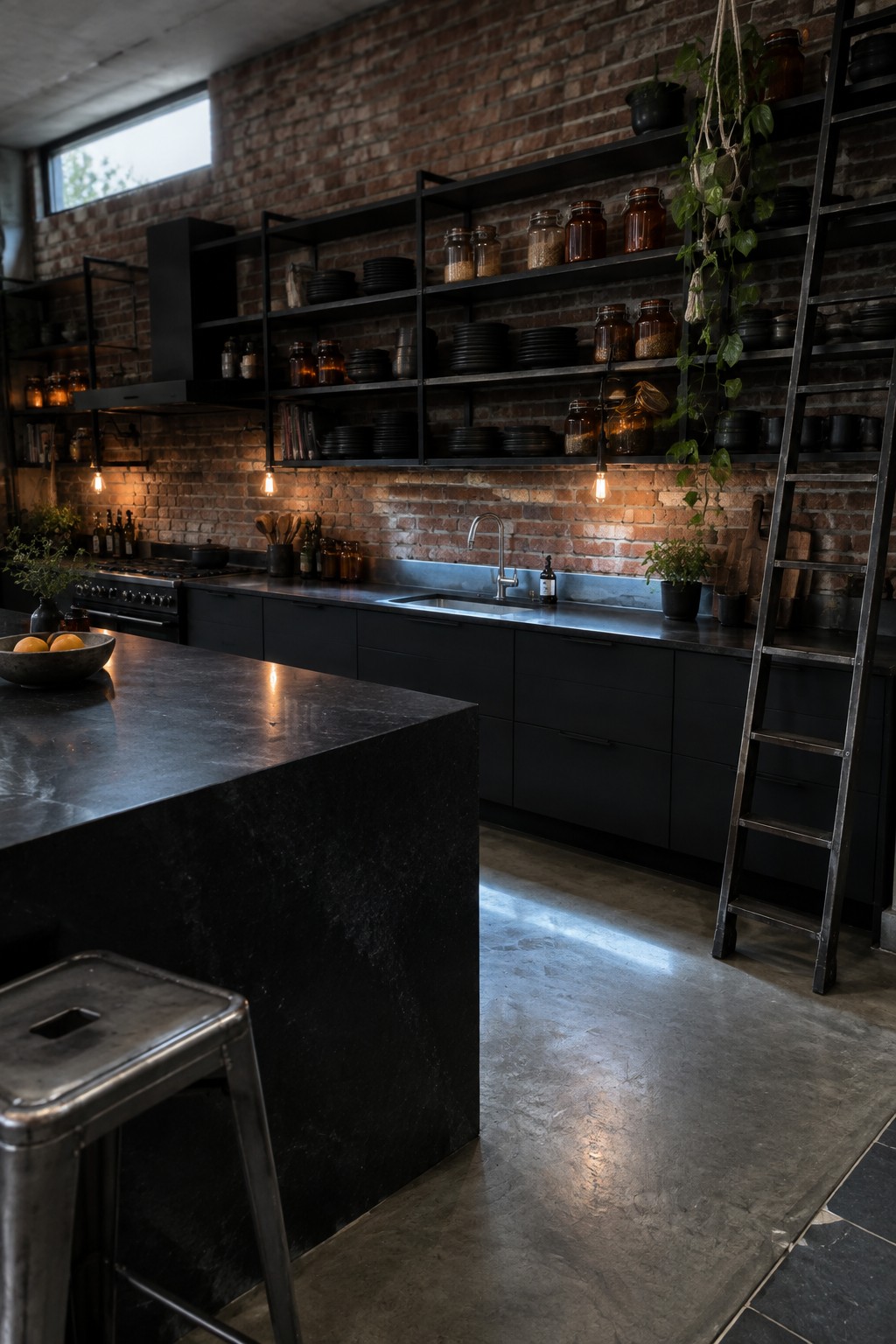 A kitchen with black open metal shelves on a red brick wall holding dishes and jars, a rolling metal ladder, dark lower cabinets, a concrete island, and a stainless steel stool in the foreground.