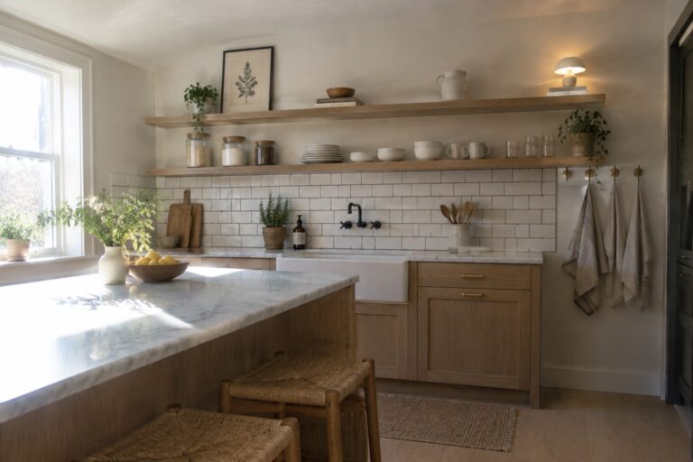 Light wood open shelves above a white farmhouse sink hold glass jars with dry goods, stacked white plates, ceramic mugs, folded linens, and small potted plants in a kitchen with marble counters and wood cabinetry.