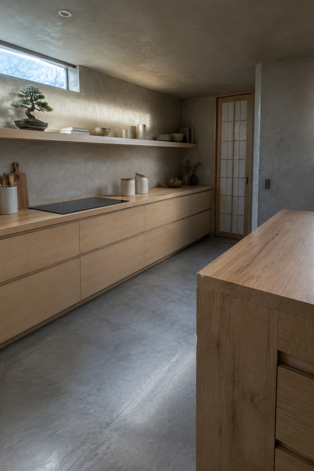 A modern kitchen with light wood lower cabinets, a black cooktop, and a long floating wooden shelf holding a bonsai, books, and ceramic pieces against a textured wall.
