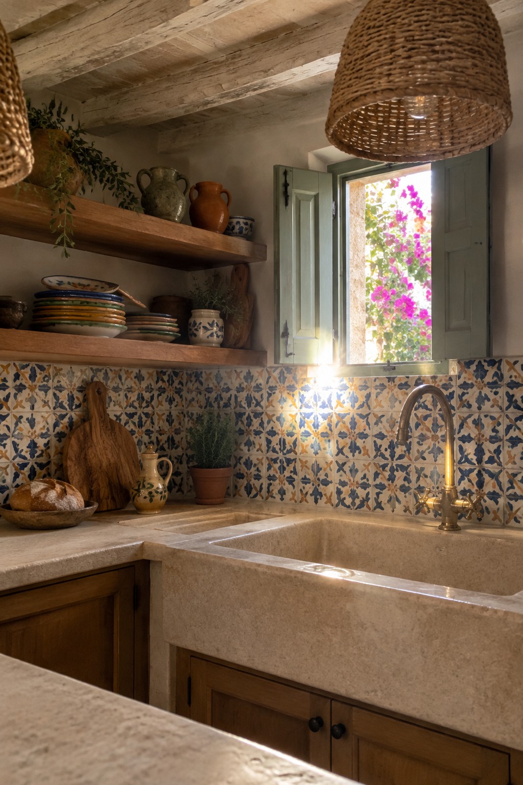A rustic kitchen interior with open wooden shelves above a stone sink, holding stacked colorful plates, ceramic pitchers, a wooden cutting board, and small potted plants against patterned tile.